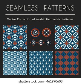 Seamless textures collection with geometric ornaments and symbols. Vector patterns set