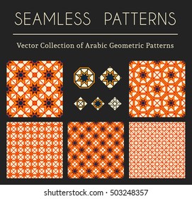Seamless textures collection with geometric ornaments and symbols. Vector pattern set