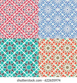 Seamless textures with color arabic geometric ornaments. Vector set of patterns