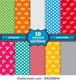 Seamless textures. Coming soon icon. Repair service tool and gear symbols. Wrench sign. 404 Not found. Endless patterns with circles, diagonal lines, chess cell. Vector