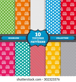 Seamless textures. Cookbook icons. 10, 15, 20 and 25 recipes book sign symbols. Endless patterns with circles, diagonal lines, chess cell. Vector