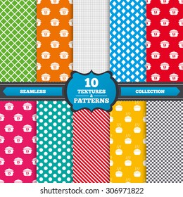 Seamless textures. Cooking pan icons. Boil 13, 14 and 15 minutes signs. Stew food symbol. Endless patterns with circles, diagonal lines, chess cell. Vector