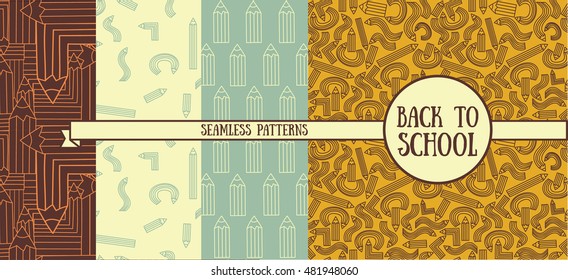 seamless textures of cute pencils, set of backgrounds for back to school, vector illustration
