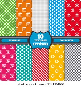 Seamless textures. Download and Backup data icons. Calendar and rotation arrows sign symbols. Endless patterns with circles, diagonal lines, chess cell. Vector