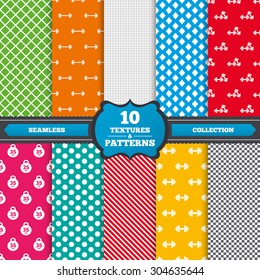 Seamless textures. Dumbbells sign icons. Fitness sport symbols. Gym workout equipment. Endless patterns with circles, diagonal lines, chess cell. Vector