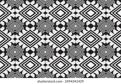 Nahtlose Texturen mit ethnischen Mustern. In: Navajo Geometric Abstract Print. Dekorative Einrichtung mit rustikalem Flair. Das Design ist von Indianern inspiriert. Farben sind schwarzweiß.