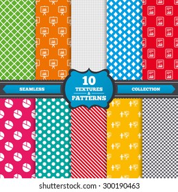 Seamless textures. File document with diagram. Pie chart icon. Presentation billboard symbol. Supply and demand. Endless patterns with circles, diagonal lines, chess cell. Vector