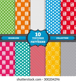 Seamless textures. File document and question icons. XLS, PDF and DOC file symbols. Download or save doc signs. Endless patterns with circles, diagonal lines, chess cell. Vector
