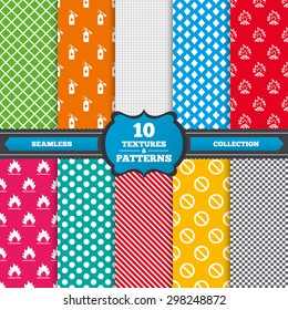 Seamless textures. Fire flame icons. Fire extinguisher sign. Prohibition stop symbol. Endless patterns with circles, diagonal lines, chess cell. Vector