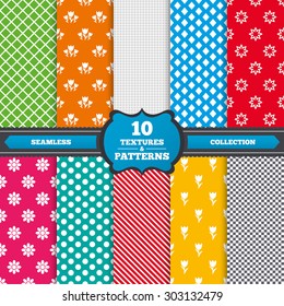 Seamless textures. Flowers icons. Bouquet of roses symbol. Flower with petals and leaves. Endless patterns with circles, diagonal lines, chess cell. Vector