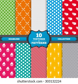 Seamless textures. Food icons. Muffin cupcake symbol. Fork and knife sign. Glass of champagne or wine. Slice of cheese. Endless patterns with circles, diagonal lines, chess cell. Vector