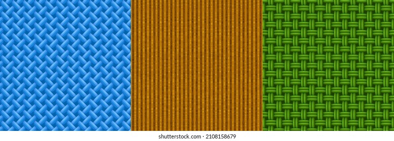 Texturas sin fisuras para tejer juegos, cesta de mimbre, patrones de vectores de corduroy. Antecedentes repetidos de color azul, verde y marrón, materiales textiles naturales, conjunto 3d de fibra texturada realista