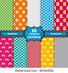 Seamless textures. Gamer icons. Board games players signs. Video game joystick symbol. Casino playing card. Endless patterns with circles, diagonal lines, chess cell. Vector