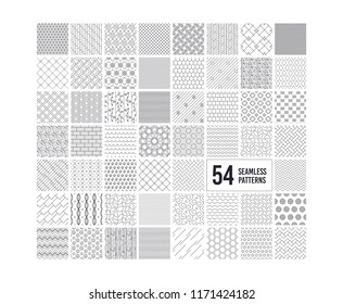 Seamless textures. Geometric, striped patterns. Abstract decoration collection. Set of 54 repeatable simple seamless textures. Floral and heart patterns. Tileable swatches. Vector illustration