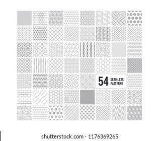 Seamless textures. Geometric, striped patterns. Abstract decoration collection. Set of 54 repeatable simple seamless textures. Floral and heart patterns. Tileable swatches. Vector illustration