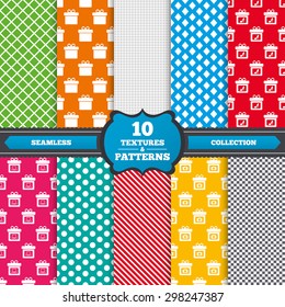 Seamless textures. Gift box sign icons. Present with bow symbols. Photo camera sign. Woman shoes. Endless patterns with circles, diagonal lines, chess cell. Vector