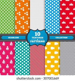 Seamless textures. Group of people and share icons. Add user and video camera symbols. Communication signs. Endless patterns with circles, diagonal lines, chess cell. Vector