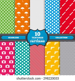Seamless textures. Gun weapon icon. Knife, umbrella and photo camera signs. Edged hunting equipment. Prohibition objects. Endless patterns with circles, diagonal lines, chess cell. Vector