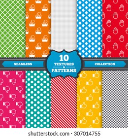 Seamless textures. Hand icons. Like and dislike thumb up symbols. Not machine washable sign. Stop no entry. Endless patterns with circles, diagonal lines, chess cell. Vector