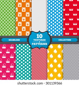 Seamless textures. Hand wash icon. Machine washable at 30 degrees symbols. Laundry washhouse and water drop signs. Endless patterns with circles, diagonal lines, chess cell. Vector