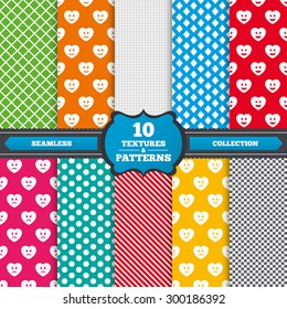 Seamless textures. Heart smile face icons. Happy, sad, cry signs. Happy smiley chat symbol. Sadness depression and crying signs. Endless patterns with circles, diagonal lines, chess cell. Vector