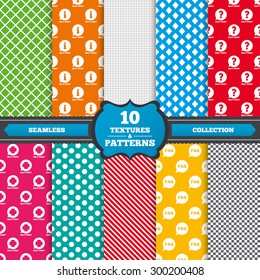 Seamless textures. Help point icons. Question and information symbols. FAQ speech bubble signs. Endless patterns with circles, diagonal lines, chess cell. Vector
