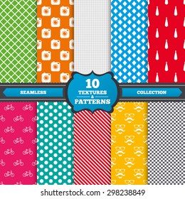 Seamless textures. Hipster photo camera. Mustache with beard icon. Glasses and tie symbols. Bicycle sign. Endless patterns with circles, diagonal lines, chess cell. Vector
