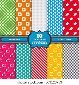 Seamless textures. Hipster photo camera icon. Like and Chat speech bubble sign. Hand thumb up. Bird symbol. Endless patterns with circles, diagonal lines, chess cell. Vector