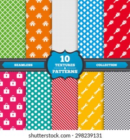 Seamless textures. Home key icon. Wrench service tool symbol. Locker sign. Main page web navigation. Endless patterns with circles, diagonal lines, chess cell. Vector
