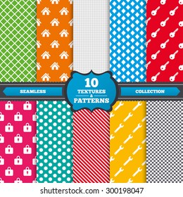 Seamless textures. Home key icon. Wrench service tool symbol. Locker sign. Main page web navigation. Endless patterns with circles, diagonal lines, chess cell. Vector