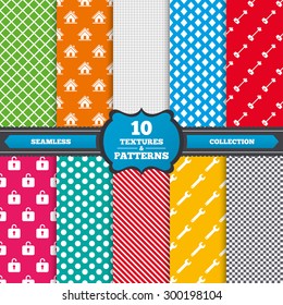 Seamless textures. Home key icon. Wrench service tool symbol. Locker sign. Main page web navigation. Endless patterns with circles, diagonal lines, chess cell. Vector