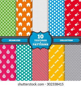 Seamless textures. Home key icon. Wrench service tool symbol. Locker sign. Main page web navigation. Endless patterns with circles, diagonal lines, chess cell. Vector