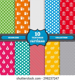 Seamless textures. Human resources icons. Checklist document sign. Money bag and gear symbols. Man at the door. Endless patterns with circles, diagonal lines, chess cell. Vector