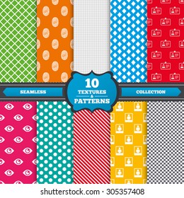 Seamless textures. Identity ID card badge icons. Eye and fingerprint symbols. Authentication signs. Photo frame with human person. Endless patterns with circles, diagonal lines, chess cell. Vector