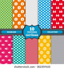 Seamless textures. Information sign. Group of people and speaker volume symbols. Internet globe sign. Communication icons. Endless patterns with circles, diagonal lines, chess cell. Vector