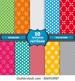 Seamless textures. Lamp idea and clock time icons. Target aim sign. Darts board with arrow. Teamwork symbol. Endless patterns with circles, diagonal lines, chess cell. Vector