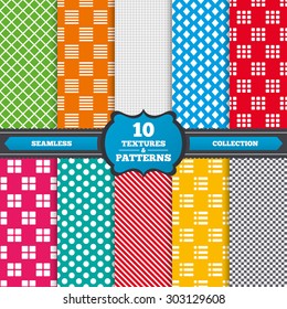 Seamless textures. List menu icons. Content view options symbols. Thumbnails grid or Gallery view. Endless patterns with circles, diagonal lines, chess cell. Vector