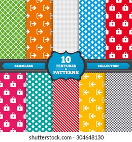 Seamless textures. Login and Logout icons. Sign in or Sign out symbols. Lock icon. Endless patterns with circles, diagonal lines, chess cell. Vector