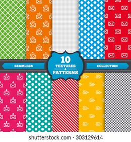 Seamless textures. Mail envelope icons. Message document delivery symbol. Post office letter signs. Inbox and outbox message icons. Endless patterns with circles, diagonal lines, chess cell. Vector