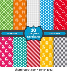 Seamless textures. Medical icons. Atom, magnifier glass, checklist signs. Medical heart pills bottle symbol. Pharmacy medicine drugs. Endless patterns with circles, diagonal lines, chess cell. Vector