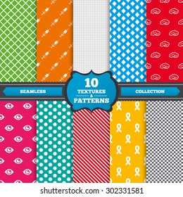 Seamless textures. Medicine icons. Syringe, eye, brain and ribbon signs. Breast cancer awareness symbol. Human intelligent smart mind. Endless patterns with circles, diagonal lines, chess cell. Vector