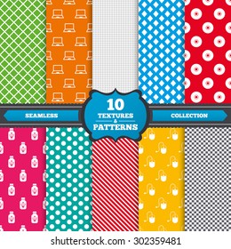 Seamless textures. Notebook pc and Usb flash drive stick icons. Computer mouse and CD or DVD sign symbols. Endless patterns with circles, diagonal lines, chess cell. Vector