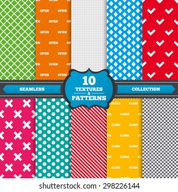 Seamless textures. Open and Close icons. Check or Tick. Delete remove signs. Yes correct and cancel symbol. Endless patterns with circles, diagonal lines, chess cell. Vector