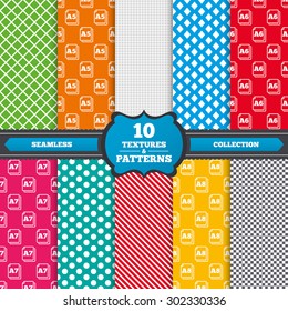 Seamless textures. Paper size standard icons. Document symbols. A5, A6, A7 and A8 page signs. Endless patterns with circles, diagonal lines, chess cell. Vector