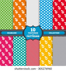 Seamless textures. Perfume bottle icons. Glamour fragrance sign symbols. Endless patterns with circles, diagonal lines, chess cell. Vector