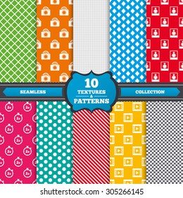 Seamless textures. Photo camera icon. Flash light and video frame symbols. Stopwatch timer 2 seconds sign. Human portrait photo frame. Endless patterns with circles, diagonal lines, chess cell. Vector