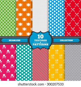 Seamless textures. Plate dish with forks and knifes icons. Chief hat sign. Crosswise cutlery symbol. Dining etiquette. Endless patterns with circles, diagonal lines, chess cell. Vector