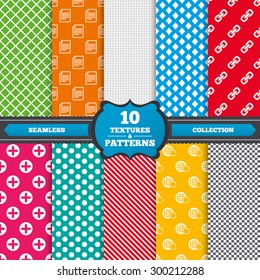 Seamless textures. Plus add circle and hyperlink chain icons. Document file and globe with hand pointer sign symbols. Endless patterns with circles, diagonal lines, chess cell. Vector