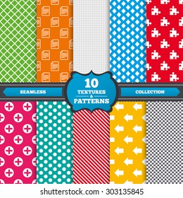 Seamless textures. Plus add circle and puzzle piece icons. Document file and back arrow sign symbols. Endless patterns with circles, diagonal lines, chess cell. Vector