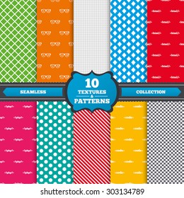 Seamless textures. Programmer coder glasses icon. HTML markup language and PHP programming language sign symbols. Endless patterns with circles, diagonal lines, chess cell. Vector